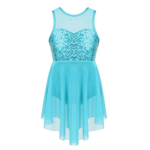 CHICTRY Kinder Ballettkleid Mädchen Glitzer Pailletten Neckholder Eislaufkleid Mesh Patchwork Ballettbody mit Asymmetrisch Rock Wickelrock Wettbewerb Kostüm Gr. 116-164 Z Hellblau A 122-128 von CHICTRY