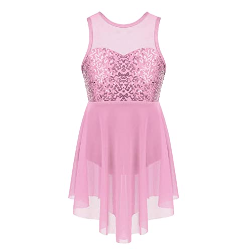 CHICTRY Kinder Ballettkleid Mädchen Glitzer Pailletten Neckholder Eislaufkleid Mesh Patchwork Ballettbody mit Asymmetrisch Rock Wickelrock Wettbewerb Kostüm Gr. 116-164 Z Rosa A 122-128 von CHICTRY