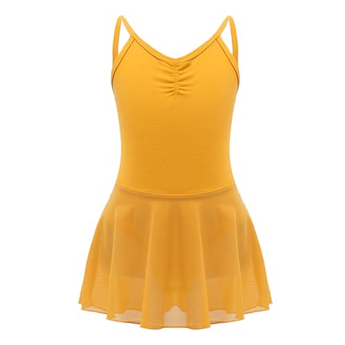 CHICTRY Kinder Ballettkleid Mädchen Tanzkleid Rückenfrei Träger Ballett Trikot Bodysuit Mit Chiffon Rock Wickelrock Wettbewerb Performance Kostüm Gelb 146-152 von CHICTRY