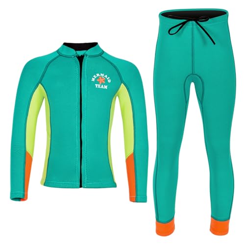 CHICTRY Kinder Junge Mädchen Surfanzug Langarm 2.5mm Neoprenanzug Zweiteiler Reißverschluss Rash Guard Shirt Mit Lang Hose Sportlich Schwimmanzug UV Grün 146-152 von CHICTRY