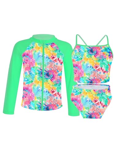 CHICTRY Kinder Mädchen 3tlg Badeanzug Set Langarm Schwimmshirt + Bikini Oberteil + Badeshorts Bikinihose UV Schutz Schwimmanzug Beachwear Bunt 146-152 von CHICTRY