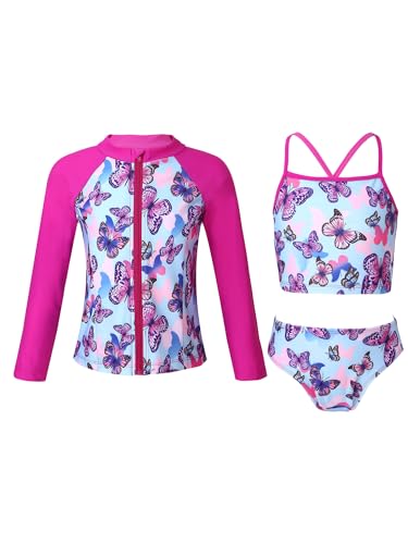 CHICTRY Kinder Mädchen 3tlg Badeanzug Set Langarm Schwimmshirt + Bikini Oberteil + Badeshorts Bikinihose UV Schutz Schwimmanzug Beachwear Butterfly 122-128 von CHICTRY