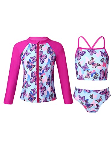 CHICTRY Kinder Mädchen 3tlg Badeanzug Set Langarm Schwimmshirt + Bikini Oberteil + Badeshorts Bikinihose UV Schutz Schwimmanzug Beachwear Butterfly 146-152 von CHICTRY