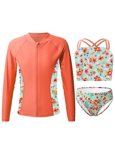 CHICTRY Kinder Mädchen 3tlg Badeanzug Set Langarm Schwimmshirt + Bikini Oberteil + Badeshorts Bikinihose UV Schutz Schwimmanzug Beachwear C Orange 134-140 von CHICTRY