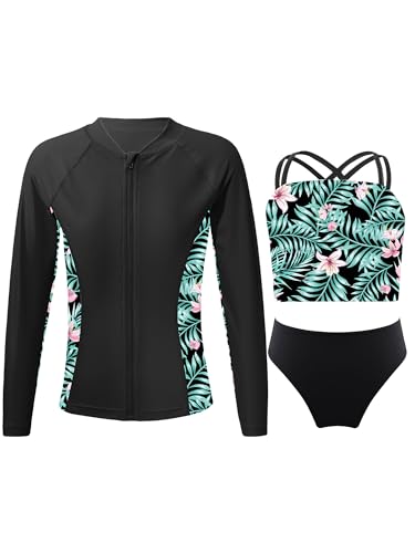 CHICTRY Kinder Mädchen 3tlg Badeanzug Set Langarm Schwimmshirt + Bikini Oberteil + Badeshorts Bikinihose UV Schutz Schwimmanzug Beachwear C Schwarz 146-152 von CHICTRY