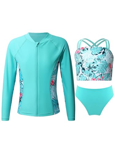 CHICTRY Kinder Mädchen 3tlg Badeanzug Set Langarm Schwimmshirt + Bikini Oberteil + Badeshorts Bikinihose UV Schutz Schwimmanzug Beachwear C See Grün 134-140 von CHICTRY