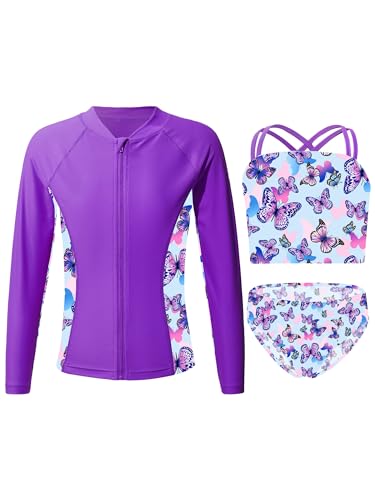 CHICTRY Kinder Mädchen 3tlg Badeanzug Set Langarm Schwimmshirt + Bikini Oberteil + Badeshorts Bikinihose UV Schutz Schwimmanzug Beachwear C Violett 122-128 von CHICTRY