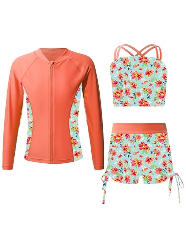 CHICTRY Kinder Mädchen 3tlg Badeanzug Set Langarm Schwimmshirt + Bikini Oberteil + Badeshorts Bikinihose UV Schutz Schwimmanzug Beachwear D Orange 110-116 von CHICTRY