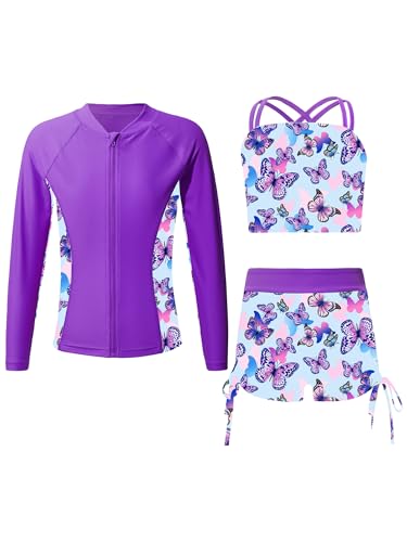 CHICTRY Kinder Mädchen 3tlg Badeanzug Set Langarm Schwimmshirt + Bikini Oberteil + Badeshorts Bikinihose UV Schutz Schwimmanzug Beachwear D Violett 110-116 von CHICTRY