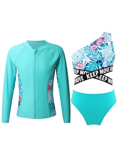 CHICTRY Kinder Mädchen 3tlg Badeanzug Set Langarm Schwimmshirt + Bikini Oberteil + Badeshorts Bikinihose UV Schutz Schwimmanzug Beachwear Hellgrün 170-176 von CHICTRY