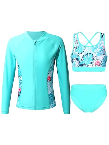 CHICTRY Kinder Mädchen 3tlg Badeanzug Set Langarm Schwimmshirt + Bikini Oberteil + Badeshorts Bikinihose UV Schutz Schwimmanzug Beachwear K Zip Lake Grün 146-152 von CHICTRY