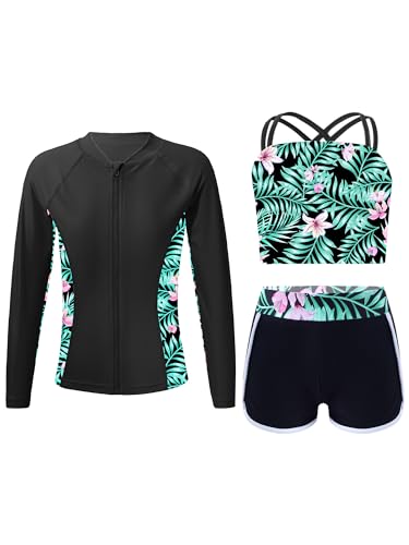 CHICTRY Kinder Mädchen 3tlg Badeanzug Set Langarm Schwimmshirt + Bikini Oberteil + Badeshorts Bikinihose UV Schutz Schwimmanzug Beachwear L Reißverschlusslilie 170 von CHICTRY