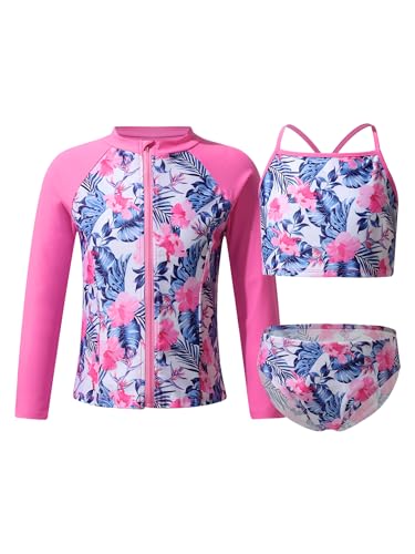 CHICTRY Kinder Mädchen 3tlg Badeanzug Set Langarm Schwimmshirt + Bikini Oberteil + Badeshorts Bikinihose UV Schutz Schwimmanzug Beachwear Rosa Blumen 122-128 von CHICTRY