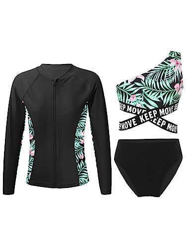 CHICTRY Mädchen Badeanzug Dreiteiler Bademode Sport Langarm Hawaii Motiv Rash Guard Shirt + Bikini Oberteil + Badeshorts UV Schwimmanzug Beachwear Schwarz 158-164 von CHICTRY