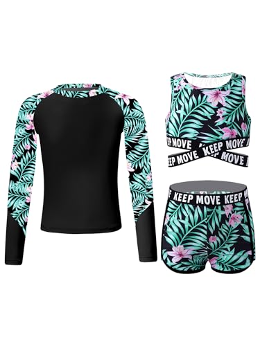 CHICTRY Kinder Mädchen 3tlg Badeanzug Set Langarm Schwimmshirt + Bikini Oberteil + Badeshorts Bikinihose UV Schutz Schwimmanzug Beachwear Schwarz ohne Zip B 134-140 von CHICTRY