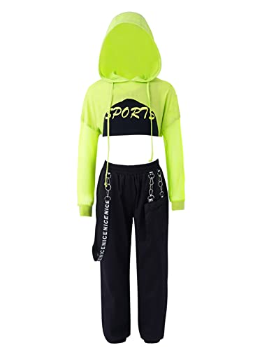 CHICTRY Hip Hop Sport Tanz Outfit Mädchen Jazz Dance Kleidung Kinder Langarm Bauchfrei Hoodi + Sport BH + Metallkette Cargohose 3tlg Sportbekleidung B_Minzgrün 152 von CHICTRY