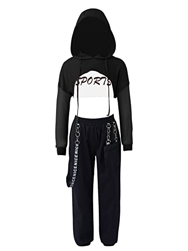 CHICTRY Hip Hop Sport Tanz Outfit Mädchen Jazz Dance Kleidung Kinder Langarm Bauchfrei Hoodi + Sport BH + Metallkette Cargohose 3tlg Sportbekleidung B_Schwarz 176 von CHICTRY