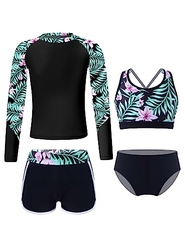 CHICTRY Kinder Mädchen Badeanzug Langarm Hawaii Rash Guard Shirt Mit Bikini Oberteil Badeslip Schwimmshorts 4tlg Badebekleidung UV Schutz Schwarz 158-164 von CHICTRY