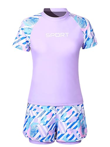 CHICTRY Kinder Mädchen Badeanzug Motiv Patchwork Bademode Kurzarm Schwimmshirt Mit Schnelltrocknend Shorts Sommer Strandanzug Swimwear Violett 170 von CHICTRY