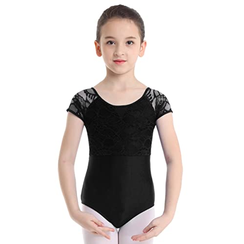 CHICTRY Kinder Mädchen Ballettanzug Kurzarm Tanzbody Blumenspitze Patchwork Turntrikot Cut Out Leotard Dancewear Schwarz 140-152 von CHICTRY