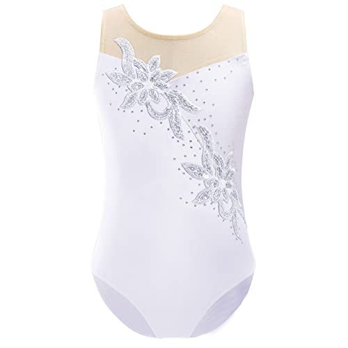 CHICTRY Kinder Mädchen Ballettanzug Strass Glitzer Turnanzug Wettkampf Blumen Patchwork Ballett Body Trikot Stretch Gymnastikbody Leotard Wettbewerb Kostüm Weiß 134-140 von CHICTRY