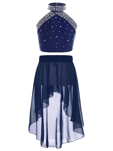 CHICTRY Kinder Mädchen Ballettanzug Zweiteiler Ballettekleidung Strass Glitzer Oberteil Kurz Tanz Top Mit Asymetrisch Chiffon Rock Tanzrock Dancewear Navy blau 158-164 von CHICTRY