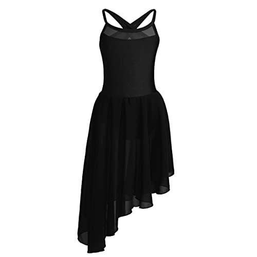 CHICTRY Kinder Mädchen Ballettkleid Ärmellos Tanzkleid Latein Tango Salsa Tanzkostüm Cut Out Ballettbody Trikot Mit Asymmetrisch Tutu Rock Gr.116-164 Schwarz Einteilig 122-128 von CHICTRY