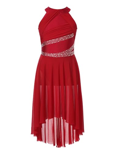 CHICTRY Tanz Kleider Kinder Mädchen Ballettkleid Strass Glitzer Eiskunstlauf Kleid Ärmellos Tanzbody Trikot Asymetrisch Chiffon Rock Tanzrock Dancewear Burgundy 170-176 von CHICTRY