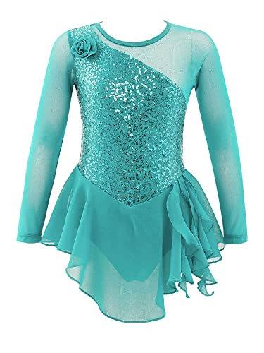 CHICTRY Kinder Mädchen Ballettkleid Langarm Pailletten Glitzer Tanzkleid Patchwork Ballett Trikot Leotard Mit Chiffon Rock Ballettrock Tanzbekleidung Minzgrün 152 von CHICTRY
