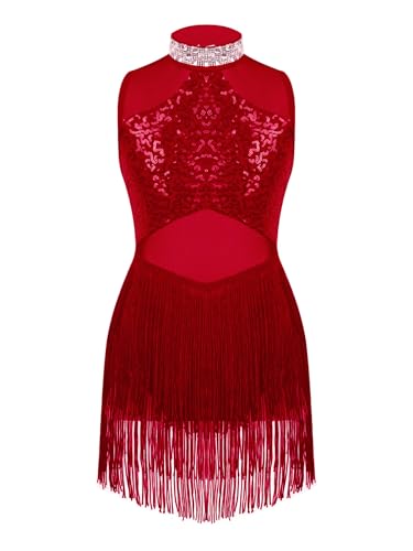 CHICTRY Latein Kleider Mädchen Pailletten Glitzer Turnerikleid Ärmellos Fransenkleid Neckholder Tanzkleid Trainingskleid Wettbewerb Tanzkostüm Burgundy 134-140 von CHICTRY