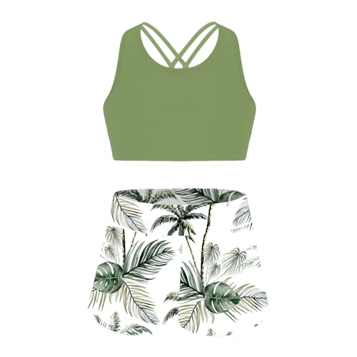 CHICTRY Kinder Mädchen Bikini Set Crossover Bikini Oberteil Hawaii Motiv Badeshorts 2tlg Schwimmkleidung Sommer Swimsuit Grüner Kokosnussbaum 158-164 von CHICTRY