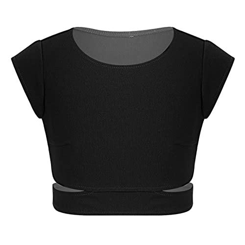 CHICTRY Kinder Mädchen Crop Top Bauchfrei Kurzarm T-Shirt Oberteile Sport Unterhemd Ballett Shirt Jazz Tanzkostüm Yoga Gym Gr.110-164 A Schwarz 134-140 von CHICTRY