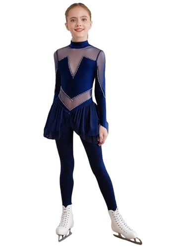 CHICTRY Kinder Mädchen Eiskunstlauf Kleid Strass Glitzer Rollschuhkleid Langarm Ballettkleid Mit Lang Hose Ganzkörper Tanzanzug Für 5-16 Jahre Marineblau 110-116 von CHICTRY