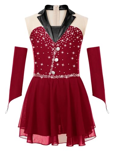 CHICTRY Kinder Mädchen Eiskunstlauf Kleid Strass Glitzer Tanzkleid Ärmellos Ballettkleid Mit Hanschuhe Wettbewerb Performance Tanzkostüm Burgundy 134-140 von CHICTRY