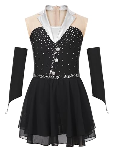 CHICTRY Kinder Mädchen Eiskunstlauf Kleid Strass Glitzer Tanzkleid Ärmellos Ballettkleid Mit Hanschuhe Wettbewerb Performance Tanzkostüm Schwarz 122-128 von CHICTRY