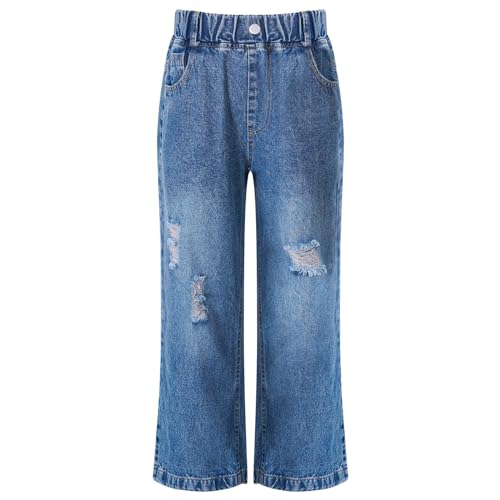 CHICTRY Kinder Mädchen Jeans Hose Denim Zerrissen Leggings High Waist Schlaghose Weites Bein Straight Gerade Hose Freizeithose Streetwear Alter 5-16 Jahre A_Blau 134-140 von CHICTRY