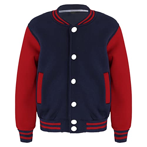 CHICTRY Kinder Mädchen Junge College Jacke Langarm Baseballjacke Unisex Mode Sportjacke Sweatjacke Urban Stehkragen Streetwear Knopfverschluss Vorne Navy Blau 134-140 von CHICTRY