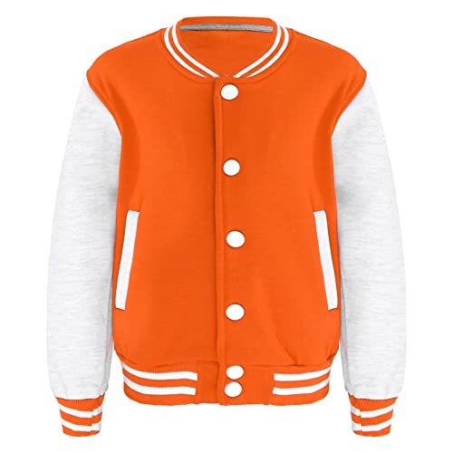 CHICTRY Kinder Mädchen Junge College Jacke Langarm Baseballjacke Unisex Mode Sportjacke Sweatjacke Urban Stehkragen Streetwear Knopfverschluss Vorne Orange 134-140 von CHICTRY