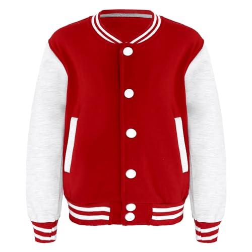 CHICTRY Kinder Mädchen Junge College Jacke Langarm Baseballjacke Unisex Mode Sportjacke Sweatjacke Urban Stehkragen Streetwear Knopfverschluss Vorne Rot&Grau 110-116 von CHICTRY