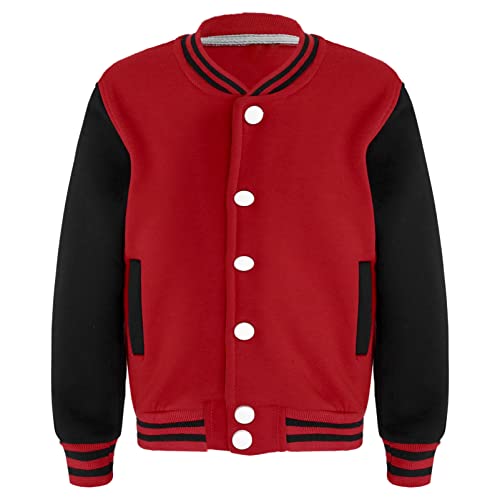 CHICTRY Kinder Mädchen Junge College Jacke Langarm Baseballjacke Unisex Mode Sportjacke Sweatjacke Urban Stehkragen Streetwear Knopfverschluss Vorne Rot&Schwarz 146-152 von CHICTRY