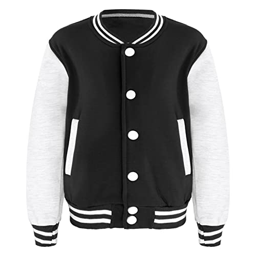 CHICTRY Kinder Mädchen Junge College Jacke Langarm Baseballjacke Unisex Mode Sportjacke Sweatjacke Urban Stehkragen Streetwear Knopfverschluss Vorne Schwarz 122-128 von CHICTRY