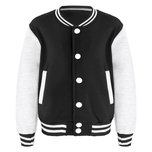 CHICTRY Kinder Mädchen Junge College Jacke Langarm Baseballjacke Unisex Mode Sportjacke Sweatjacke Urban Stehkragen Streetwear Knopfverschluss Vorne Schwarz 146-152 von CHICTRY