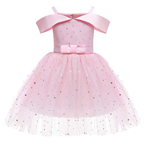 CHICTRY Kinder Mädchen Kleid Festlich Prinzessin Brautjungfern Kleider Hochzeit Pailetten Satin Blumenmädchenkleid Party Kleid Tüll Festzug Rosa 98-104 von CHICTRY