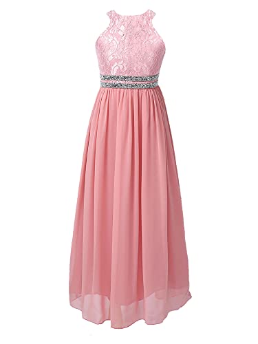 CHICTRY Kinder Mädchen Kleider Hochzeit Blumenspitze Partykleid Prinzessin Kostüm Neckholder Abendkleid Strass Glitzer Ballkleid A Linien Süß Rosa 128 von CHICTRY
