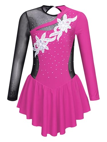 CHICTRY Eiskunstlauf Kleid Mädchen Langarm Rollschuhkleid Strass Glitzer Tanzbody Farbblock Patchwork Leotard Mit Wickelrock Dancewear Hot Pink 134-140 von CHICTRY