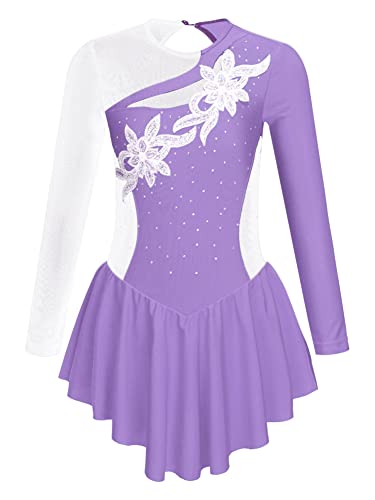 CHICTRY Eiskunstlauf Kleid Mädchen Langarm Rollschuhkleid Strass Glitzer Tanzbody Farbblock Patchwork Leotard Mit Wickelrock Dancewear Lavender 110-116 von CHICTRY