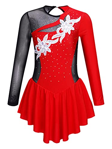CHICTRY Eiskunstlauf Kleid Mädchen Langarm Rollschuhkleid Strass Glitzer Tanzbody Farbblock Patchwork Leotard Mit Wickelrock Dancewear Rot 146-152 von CHICTRY