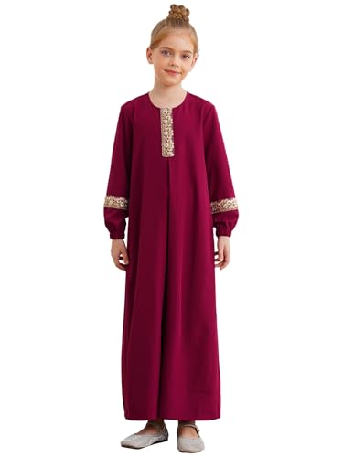 CHICTRY Kinder Mädchen Langarm Kaftan Maxi Gebetskleidung Muslimische Kleider Abaya Bestickt Ramadan Kleid Islamische Robe Kleidung Burgundy 158-164 von CHICTRY