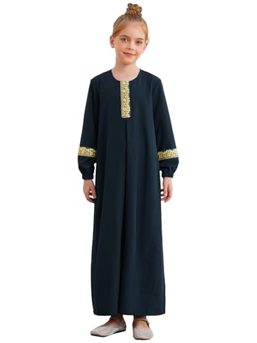 CHICTRY Kinder Mädchen Langarm Kaftan Maxi Gebetskleidung Muslimische Kleider Abaya Bestickt Ramadan Kleid Islamische Robe Kleidung Navy blau 158-164 von CHICTRY