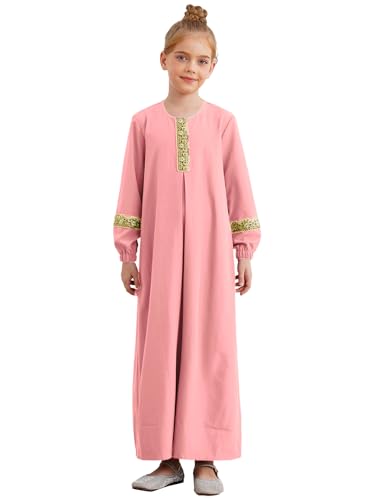 CHICTRY Kinder Mädchen Langarm Kaftan Maxi Gebetskleidung Muslimische Kleider Abaya Bestickt Ramadan Kleid Islamische Robe Kleidung Rosa 146-152 von CHICTRY